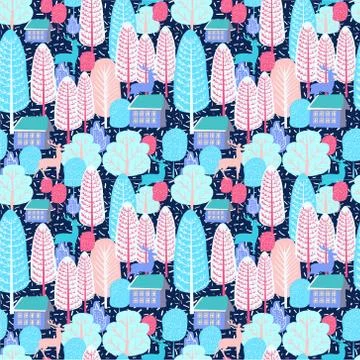 Winter landscape seamless pattern Cute winter trees and deer Stock Illustration