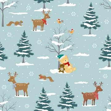 Winter landscape seamless pattern with cute animals on winter forest,Perfec.. Stock Illustration