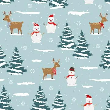 Winter landscape seamless pattern with cute deers,snowman and pine trees,Pe.. Stock Illustration
