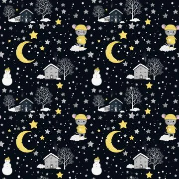 Winter landscape seamless pattern, mouse with a snowman at home Stock Illustration