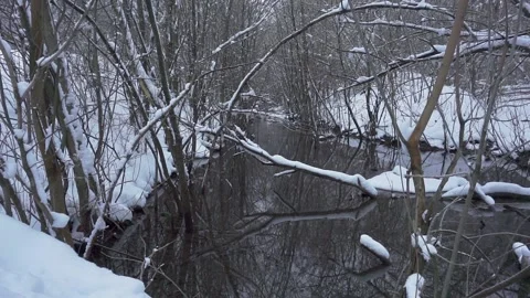 Winter landscape show with snow falling on a creek. Pleasant and soothing river Stock Footage 146851094