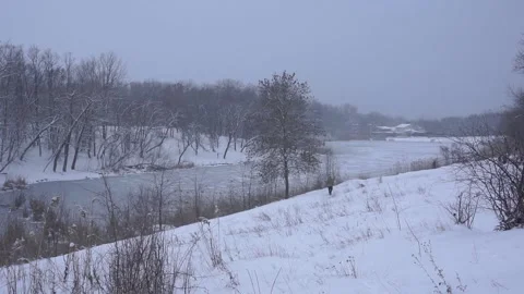 Winter landscape show snow falling on a creek with trees Stock Footage 146971020