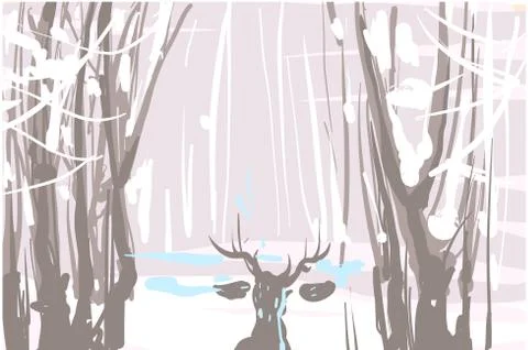 Winter landscape sketch with deer vector illustration Stock Illustration