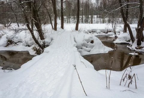 Winter landscape with small river. Stock Photos