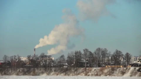 Winter landscape with smokestack Stock Footage 85683962