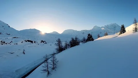 Winter landscape snow covered mountains aerial view fly over Stock Footage
