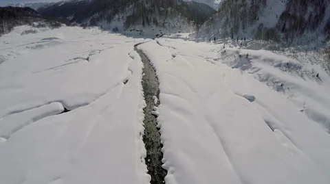 Winter Landscape. Snow Covered River Mountains. Aerial View. Fly Over Stockbeeldmateriaal 87998517