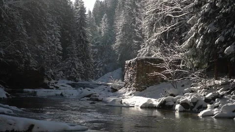 Winter landscape at a snow-covered river with gentle flowing water Stock Footage 293231209