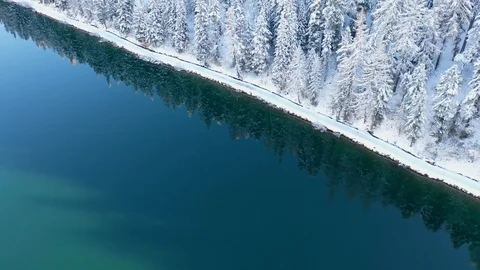 Winter landscape, Snow covered trees are reflected in the lake. Stock Footage 119597855