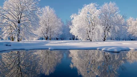Winter landscape with snow-covered trees reflecting in calm water at a serene pa Stock Footage 296409757