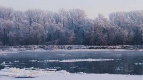 Winter Landscape with Snow Covered Trees and a Frozen River in the South Urals, Stock Footage 318495613