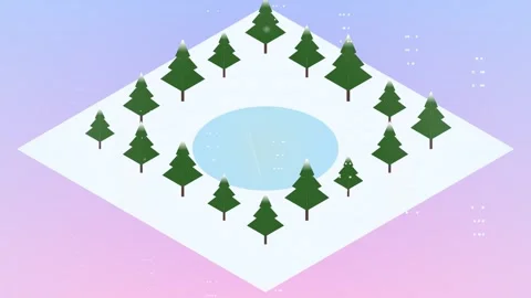 Winter Landscape: Snow-Covered Trees Circle Frozen Pond Under Pastel Sky 動画素材 346660124