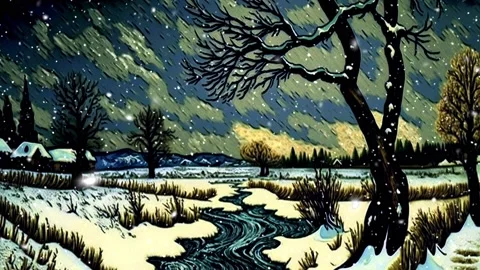 Winter landscape with snow. Van Gogh style. Video stock 236148304