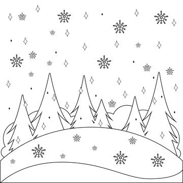 Winter landscape with snow. Vector black and white coloring page Stock Illustration