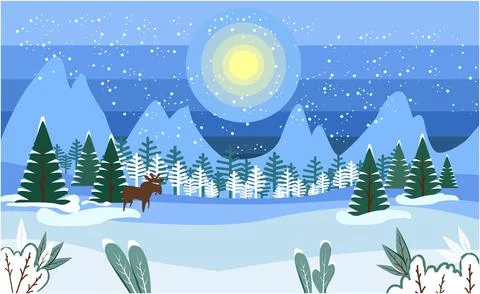 Winter landscape with snowy fields and fir trees. Deer in the winter forest. Stock Illustration