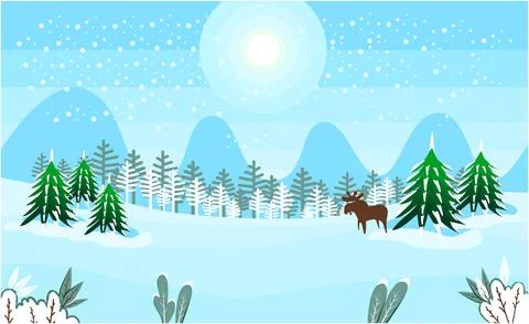 Winter landscape with snowy fields, sun and fir trees. Deer in the winter forest Stock Illustration
