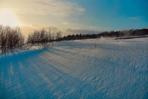 Winter landscape with sun casting shadows on the textured snow, bare trees, a 스톡 사진