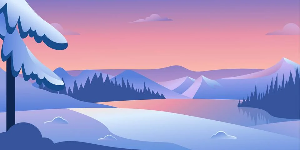 Winter landscape at sunset with pine trees, mountains and lake Stock Illustration