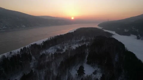 Winter landscape sunset on the river in Siberia Stock Footage 170402013