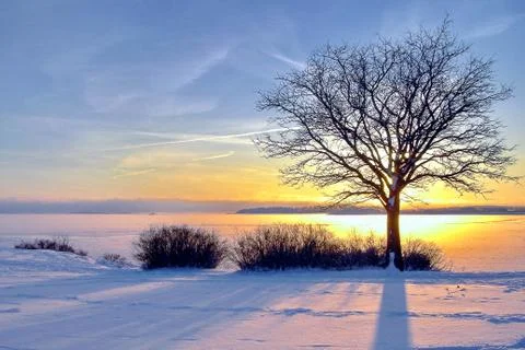 Winter landscape with sunset sky. Composition of nature. Foto stock
