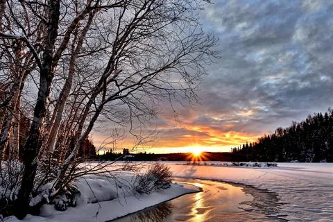 Winter landscape, Sunset, Twilight image Stock Photos