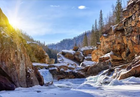 Winter landscape. Threshold on mountain river Stock Photos