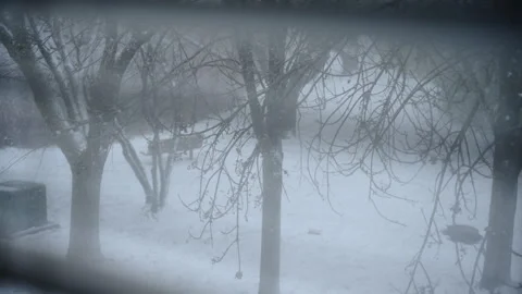Winter landscape through the window in house. falling snow outside. Slow motion Stock Footage 293856329
