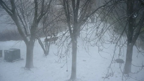 Winter landscape through the window in house. falling snow outside Stock Footage 293856875
