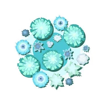 Winter landscape top view. In shape of circle. Isolated on white background.  Stock Illustration