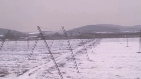 Winter landscape from the train window, Romania Stockbeeldmateriaal 165890846