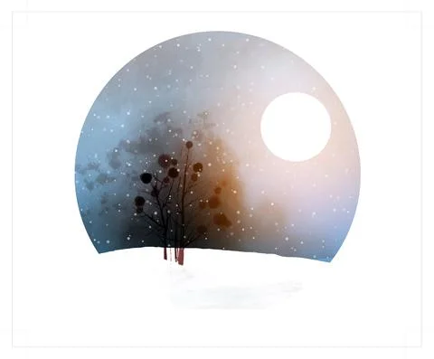 Winter landscape with tree and the moon in circle. Traditional oriental ink Illustrazione stock