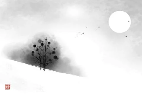 Winter landscape with tree on snow-covered misty hill. Traditional oriental ink Illustrazione stock