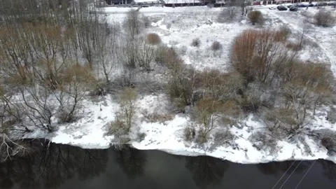 Winter landscape with trees and river bank in a snowy area during daytime Stock Footage 329827889