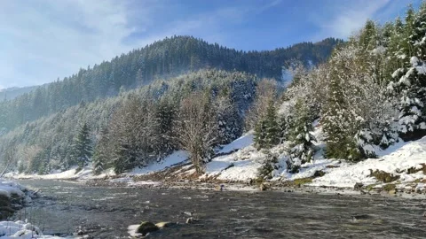 Winter landscape. trees covered with snow. river flowing from mountains Stock Footage 167280986