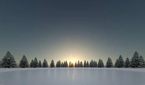 Winter landscape with trees in front of sunset - 3D Illustration winter la... Stock-Fotos