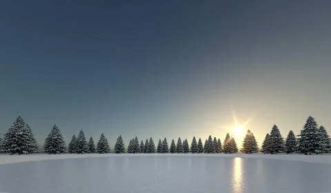 Winter landscape with trees in front of sunset - 3D Illustration winter la... Stock-Fotos