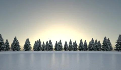 Winter landscape with trees in front of sunset - 3D Illustration winter la... Stock-Fotos