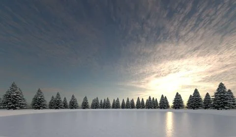 Winter landscape with trees in front of sunset - 3D Illustration winter la... Stock-Fotos
