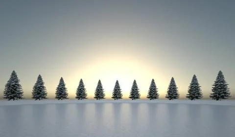 Winter landscape with trees in front of sunset - 3D Illustration winter la... Stock-Fotos