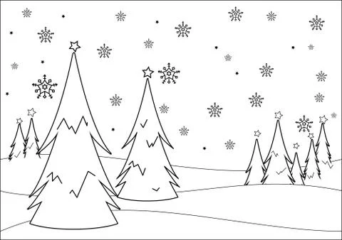 Winter landscape with trees in the snow. Vector black and white coloring page Stock Illustration