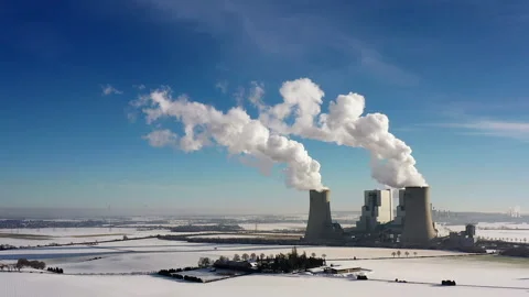 Winter landscape with two coal-fired power plants in Germany Vídeo Stock 263180624