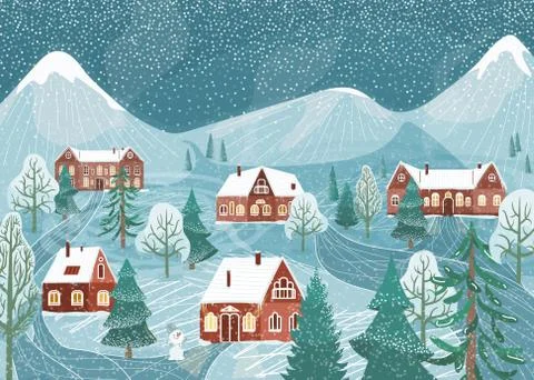 Winter landscape vector background. Nature night rustic scene with cute houses イラスト素材