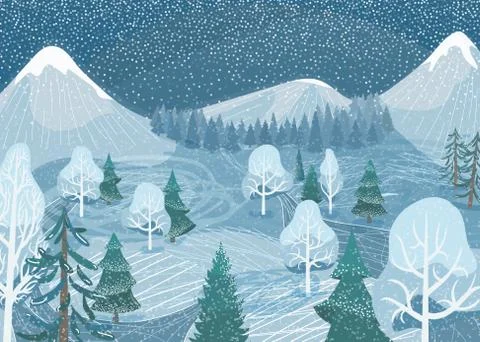 Winter landscape vector background. Nature mountain forest snowy scene with fir Stock Illustration