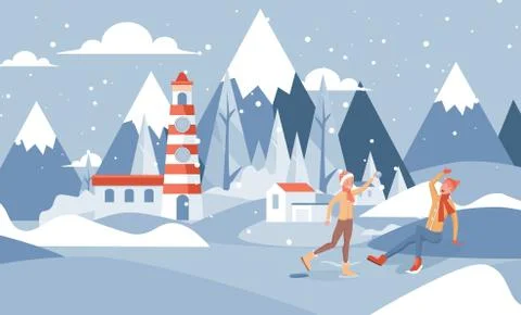 Winter landscape vector flat illustration. Boy and girl playing snowballs Stock Illustration