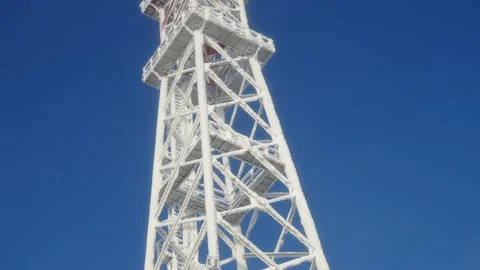 Winter landscape. View of snow-covered trees and tall radio towers. Stock Footage 144875952