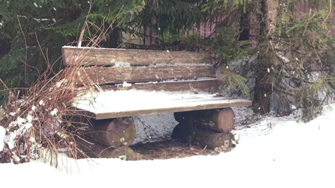 Winter landscape, view of a snow-covered homemade log bench in the forest Stock-Footage 301915358