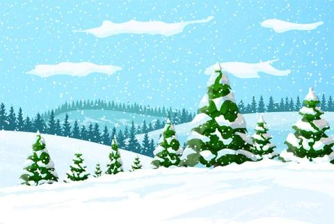 Winter landscape with white pine trees on snow Stock Illustration