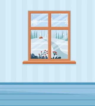 Into winter landscape window. Flat cartoon style vector illustration. Stock Illustration