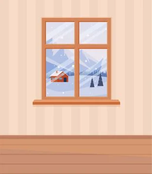 Into winter landscape window. Flat cartoon style vector illustration. Stock Illustration