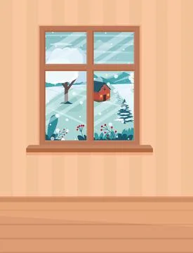 Into winter landscape window. Flat cartoon style vector illustration. Stock Illustration
